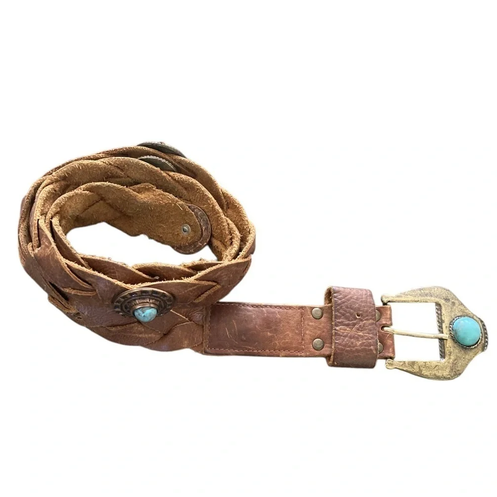 Vintage Y2K BEBE Brown Braided Leather Studded Faux Turquoise Southwest Belt M/L
